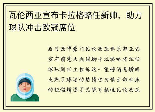 瓦伦西亚宣布卡拉格略任新帅，助力球队冲击欧冠席位